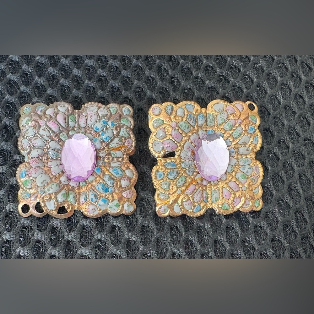 Artisan Statement Earrings | Mosaic Enamel & Lavender Crystal Posts